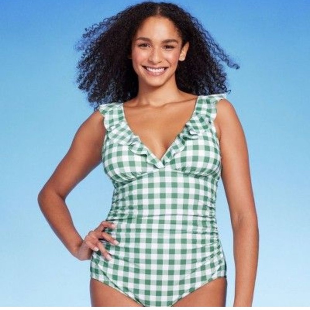 Kona Sol Women's Gingham Ruffle Full Coverage One Piece Swimsuit